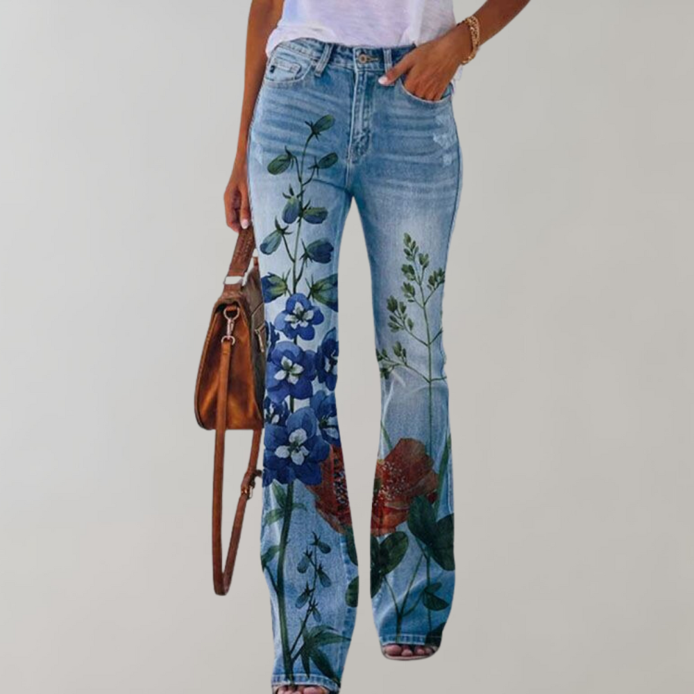 "Wagner Damen Schlaghose, florales Muster, hoch tailliert, ausgestelltes Bein, elegantes Design, vielseitig, komfortabel."