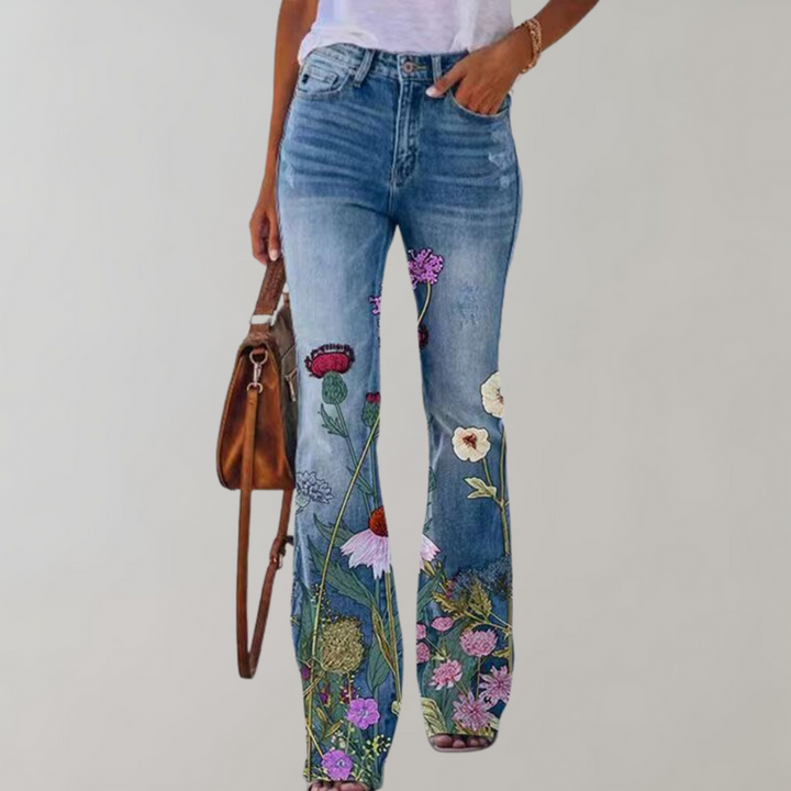 "Wagner Damen Schlaghose, florales Muster, hoch tailliert, ausgestelltes Bein, elegantes Design, vielseitig, komfortabel."