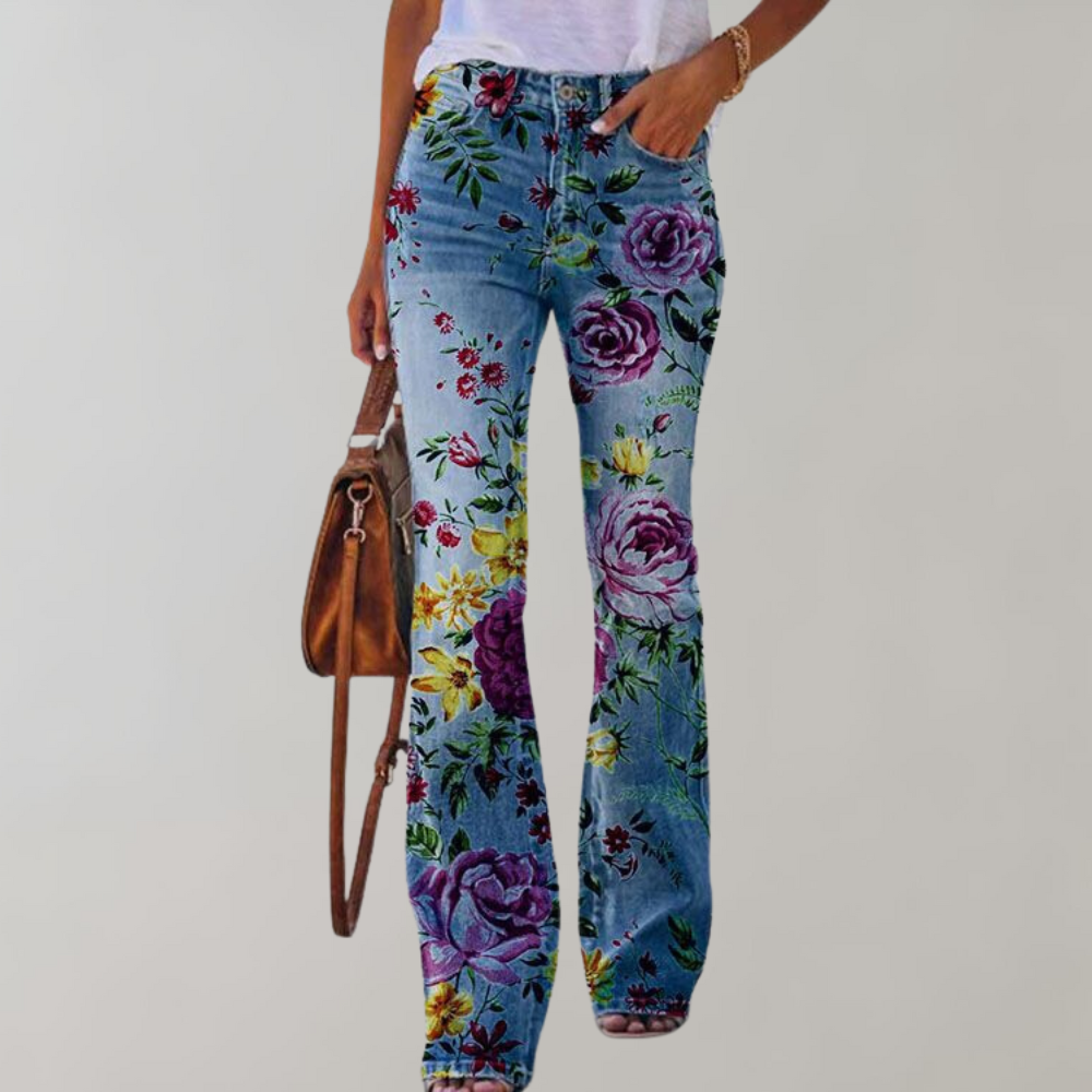 "Wagner Damen Schlaghose, florales Muster, hoch tailliert, ausgestelltes Bein, elegantes Design, vielseitig, komfortabel."
