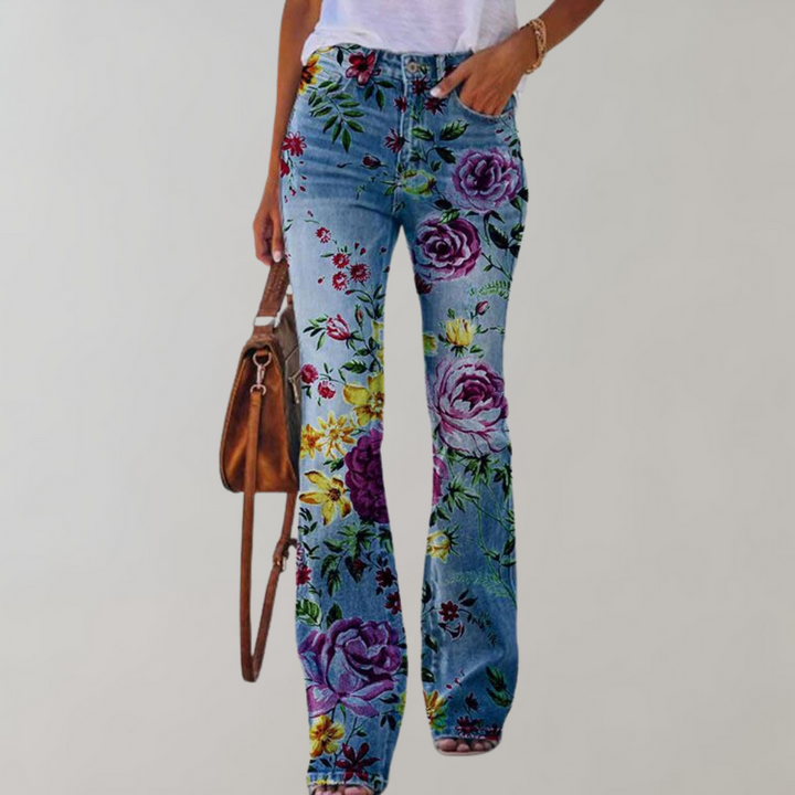 "Wagner Damen Schlaghose, florales Muster, hoch tailliert, ausgestelltes Bein, elegantes Design, vielseitig, komfortabel."