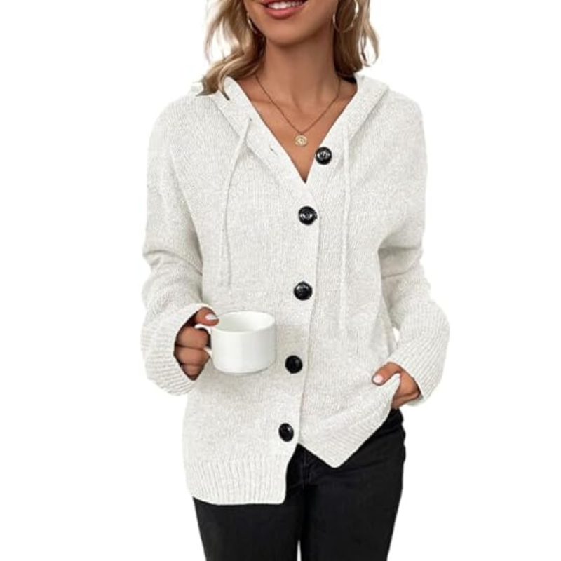 "Warme Damen Strickjacke mit eleganter Knopfleiste, zeitloses Design, kräftiges Strickmaterial, ideal für kalte Tage."