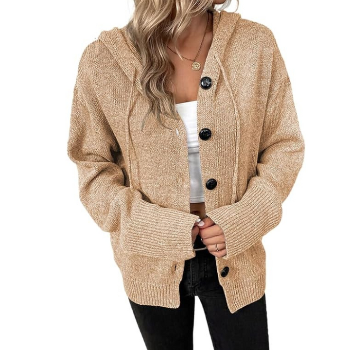 "Warme Damen Strickjacke mit eleganter Knopfleiste, zeitloses Design, kräftiges Strickmaterial, ideal für kalte Tage."