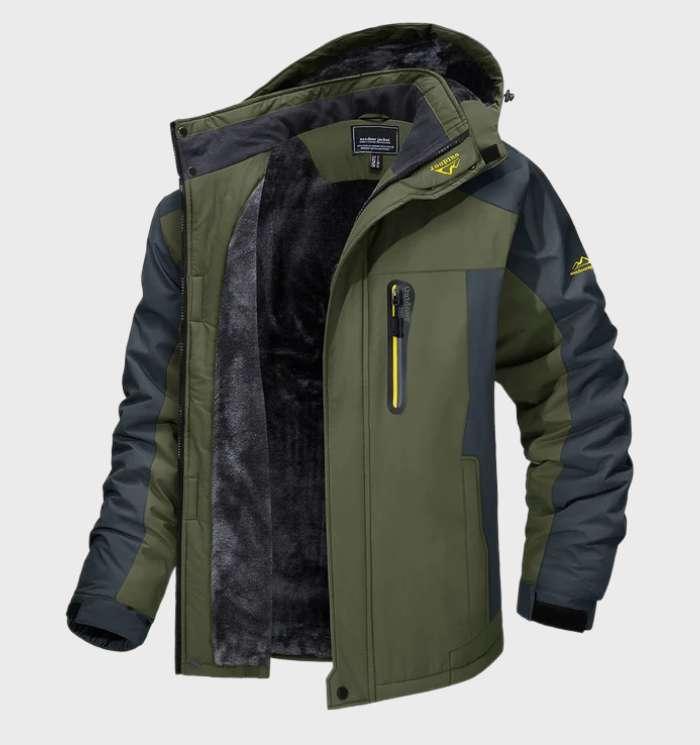 Warme wasserdichte Herren-Fleecejacke mit Kapuze, dunkelblau, für Outdoor-Abenteuer, Wetterbeständigkeit und Stil.