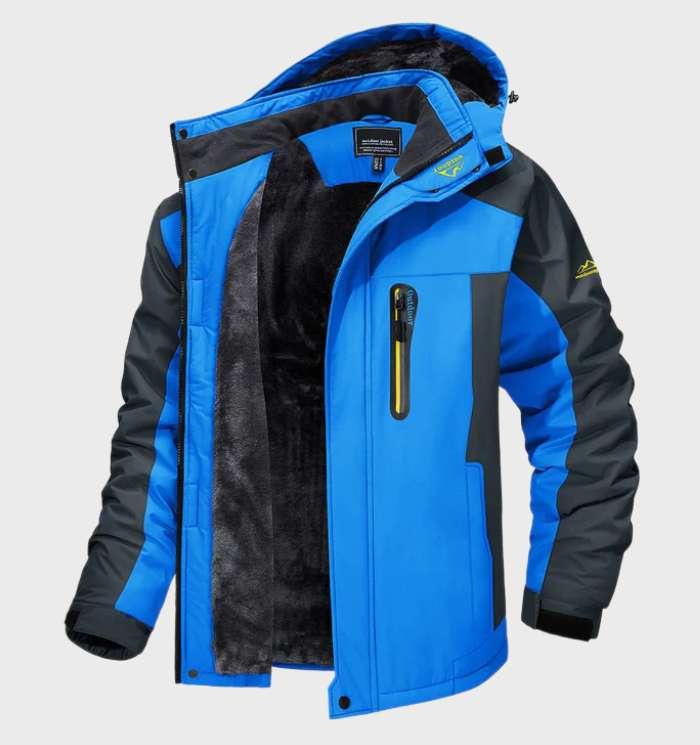 Warme wasserdichte Herren-Fleecejacke mit Kapuze, dunkelblau, für Outdoor-Abenteuer, Wetterbeständigkeit und Stil.