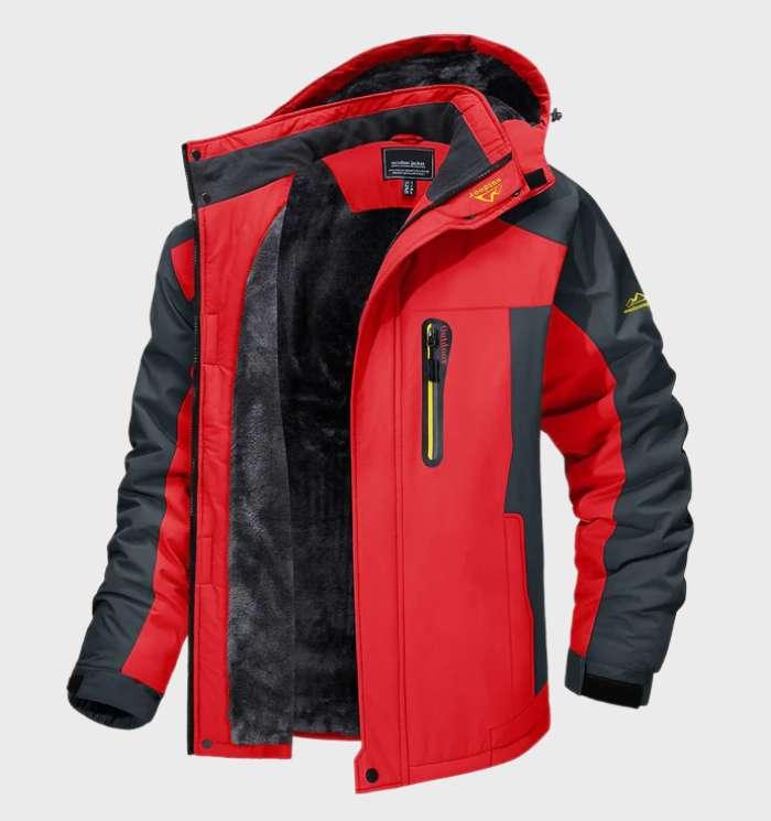 Warme wasserdichte Herren-Fleecejacke mit Kapuze, dunkelblau, für Outdoor-Abenteuer, Wetterbeständigkeit und Stil.