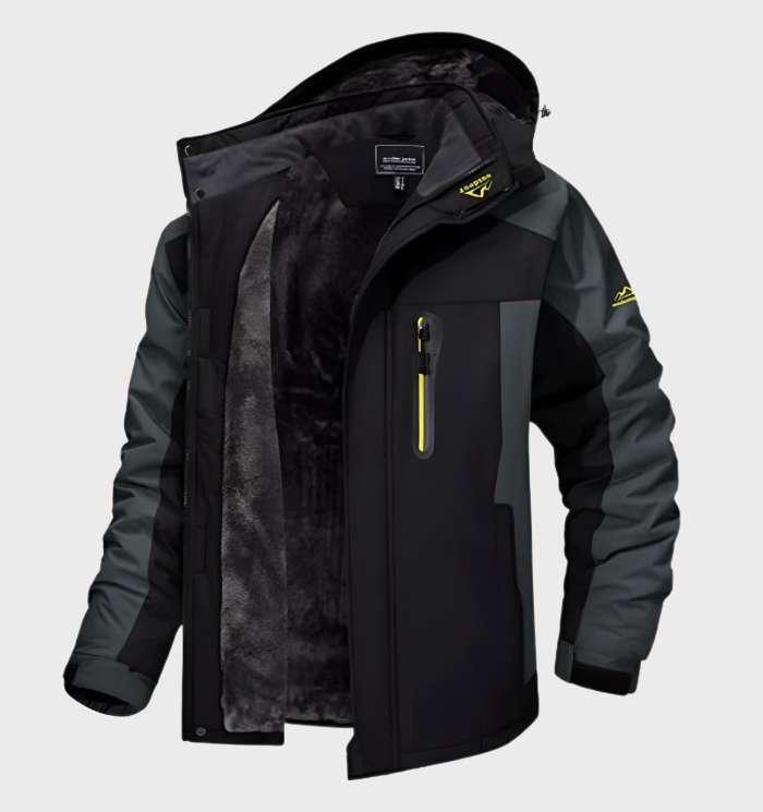 Warme wasserdichte Herren-Fleecejacke mit Kapuze, dunkelblau, für Outdoor-Abenteuer, Wetterbeständigkeit und Stil.
