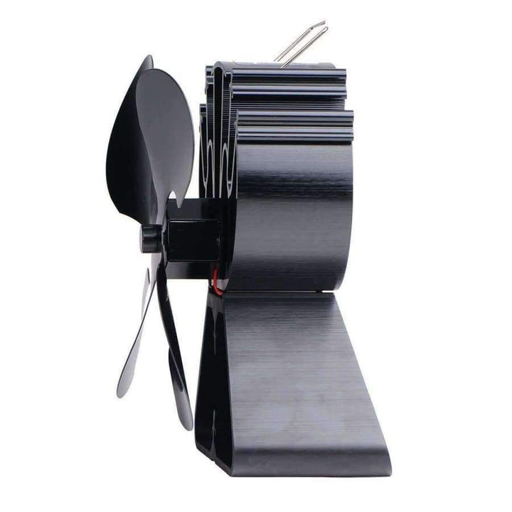 "Wärmebetriebener Ofenventilator mit 4 Klingen in Schwarz, aus Aluminium für effiziente Wärmezirkulation im Zuhause."