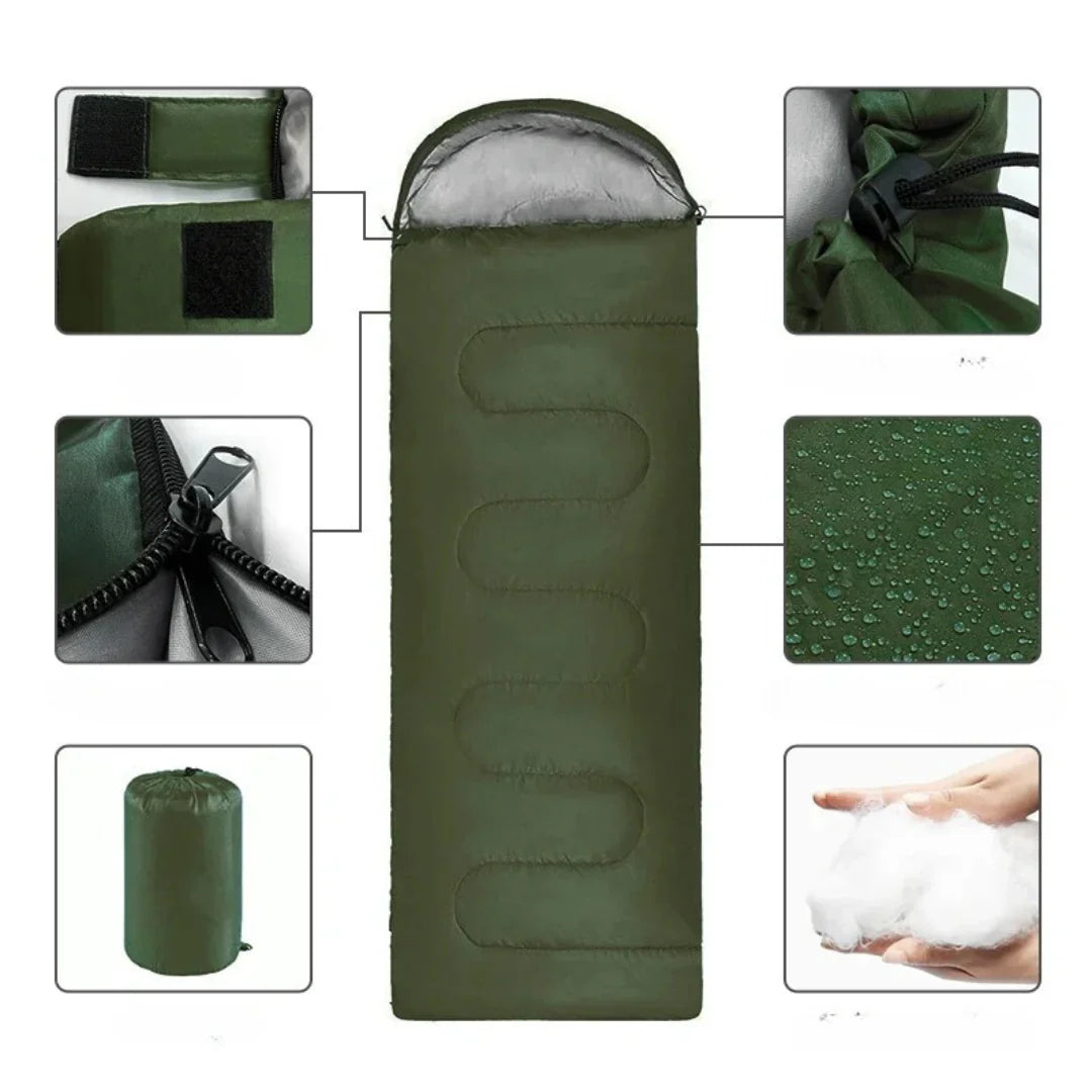 "Wärmeisolierter Schlafsack, ideal für Camping, wasserabweisend und komfortabel, für erholsamen Schlaf im Freien."