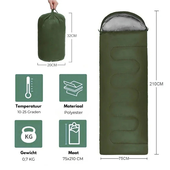 "Wärmeisolierter Schlafsack, ideal für Camping, wasserabweisend und komfortabel, für erholsamen Schlaf im Freien."