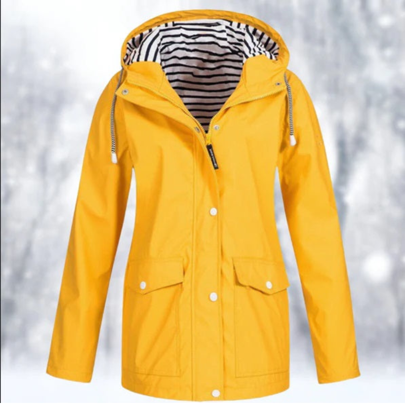 "Wasserdichte Damen Kapuzenjacke, stilvolles Design in Blau, perfekt für kalte, nasse Tage, mit ergonomischer Passform."