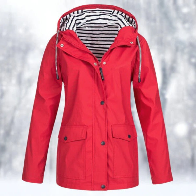 "Wasserdichte Damen Kapuzenjacke, stilvolles Design in Blau, perfekt für kalte, nasse Tage, mit ergonomischer Passform."