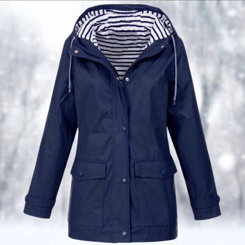 "Wasserdichte Damen Kapuzenjacke, stilvolles Design in Blau, perfekt für kalte, nasse Tage, mit ergonomischer Passform."