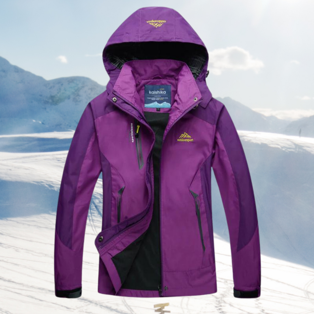"Wasserdichte Damen Wanderjacke, grau, stilvoll und funktional, ideal für Outdoor-Abenteuer, mit Kapuze und Taschen."