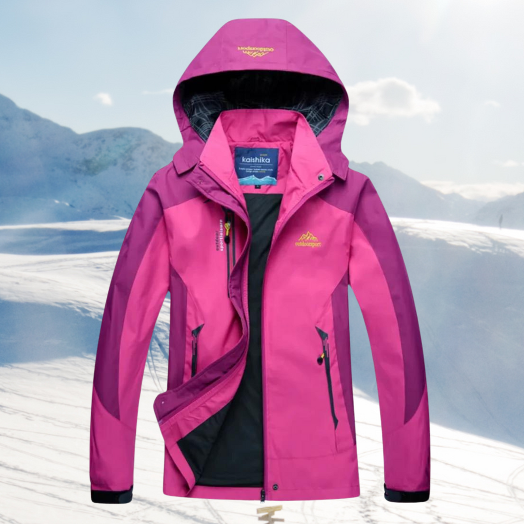 "Wasserdichte Damen Wanderjacke, grau, stilvoll und funktional, ideal für Outdoor-Abenteuer, mit Kapuze und Taschen."