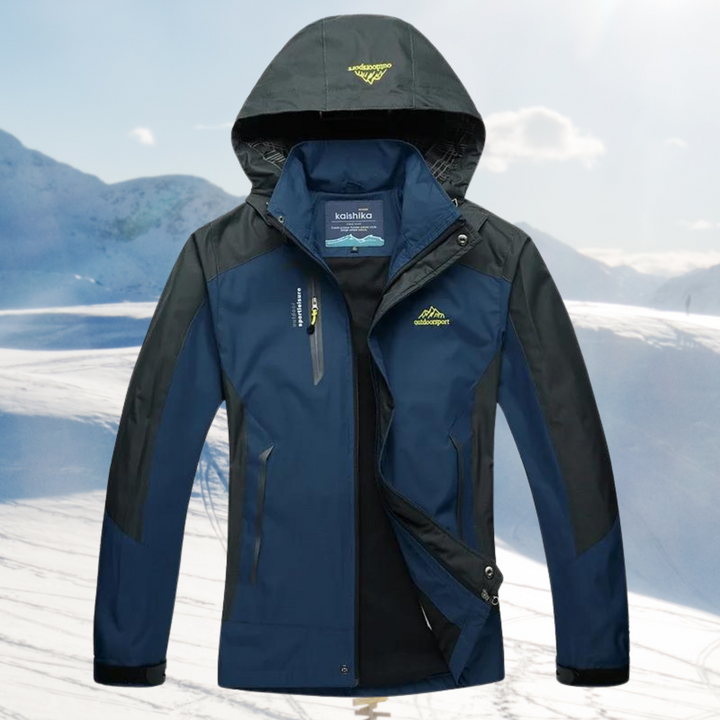 "Wasserdichte Damen Wanderjacke, grau, stilvoll und funktional, ideal für Outdoor-Abenteuer, mit Kapuze und Taschen."