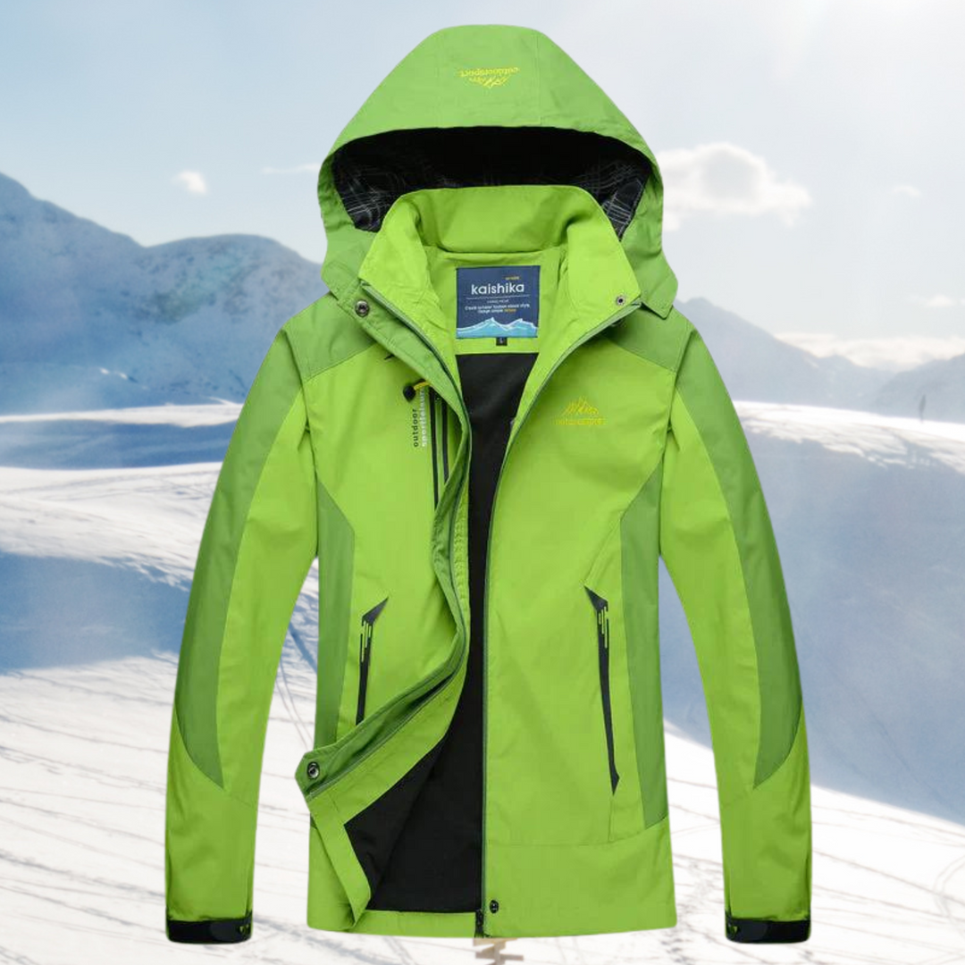 "Wasserdichte Damen Wanderjacke, grau, stilvoll und funktional, ideal für Outdoor-Abenteuer, mit Kapuze und Taschen."