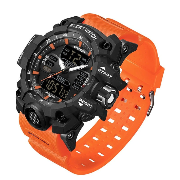 "Wasserdichte digitale Herren Sportuhr mit LED-Display, ideal für Fitness-Tracking und robuste Aktivität in Schwarz-Grün."