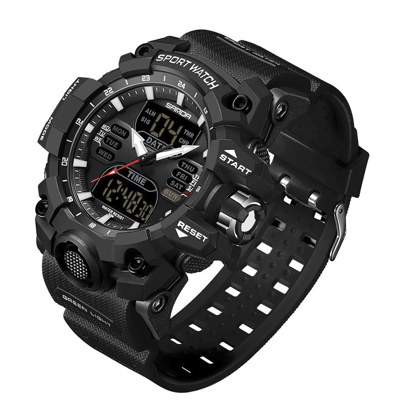 "Wasserdichte digitale Herren Sportuhr mit LED-Display, ideal für Fitness-Tracking und robuste Aktivität in Schwarz-Grün."