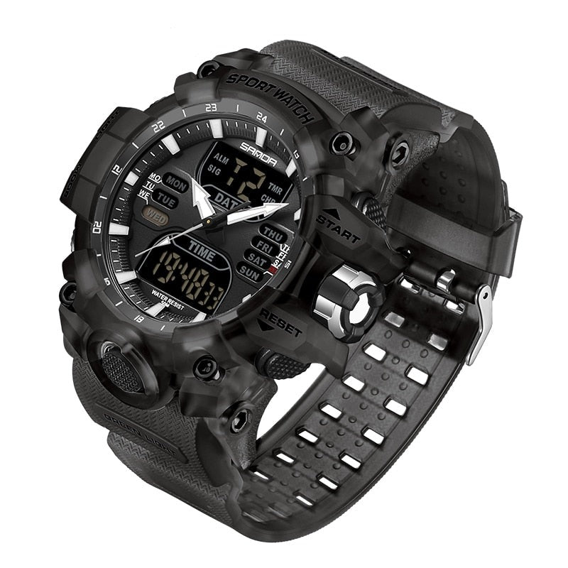 "Wasserdichte digitale Herren Sportuhr mit LED-Display, ideal für Fitness-Tracking und robuste Aktivität in Schwarz-Grün."