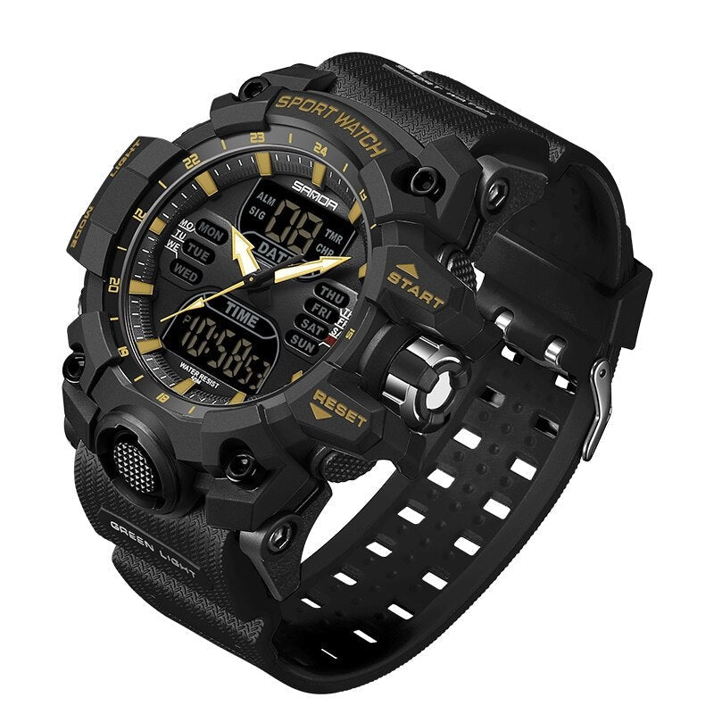 "Wasserdichte digitale Herren Sportuhr mit LED-Display, ideal für Fitness-Tracking und robuste Aktivität in Schwarz-Grün."