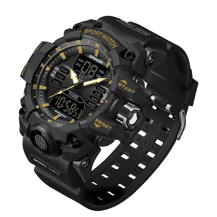 "Wasserdichte digitale Herren Sportuhr mit LED-Display, ideal für Fitness-Tracking und robuste Aktivität in Schwarz-Grün."
