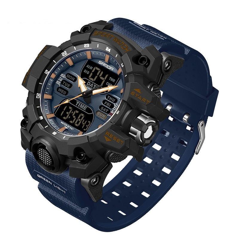 "Wasserdichte digitale Herren Sportuhr mit LED-Display, ideal für Fitness-Tracking und robuste Aktivität in Schwarz-Grün."