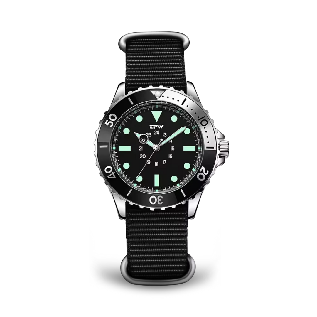 "Wasserdichte Herren Taucheruhr mit Edelstahlgehäuse und schwarzem Band, ideal für Abenteuer und Wassersport."