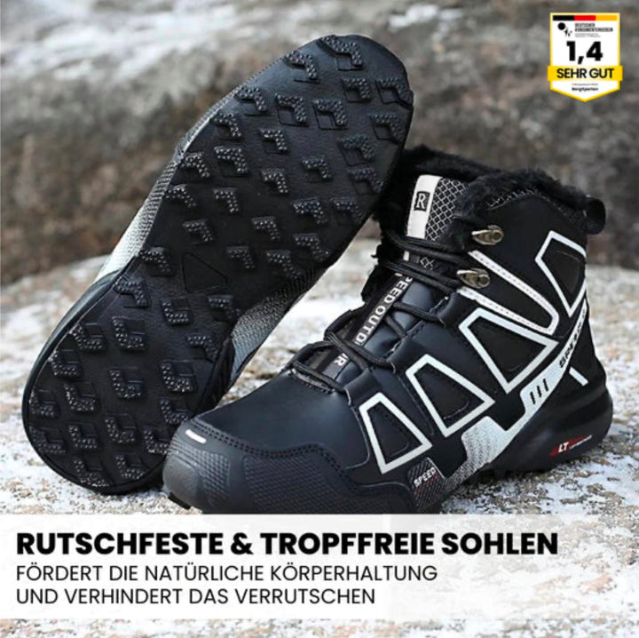 "Wasserdichte, rutschfeste Wanderschuhe für Herren mit breitem Zehenraum in natürlichem Gelände, ideal für Trekking."