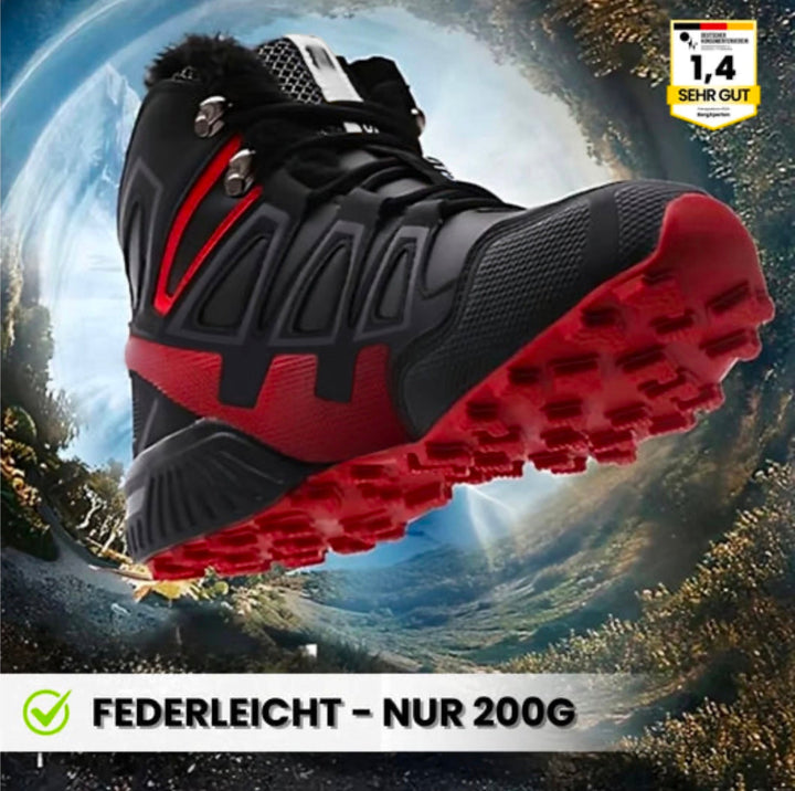 "Wasserdichte, rutschfeste Wanderschuhe für Herren mit breitem Zehenraum in natürlichem Gelände, ideal für Trekking."