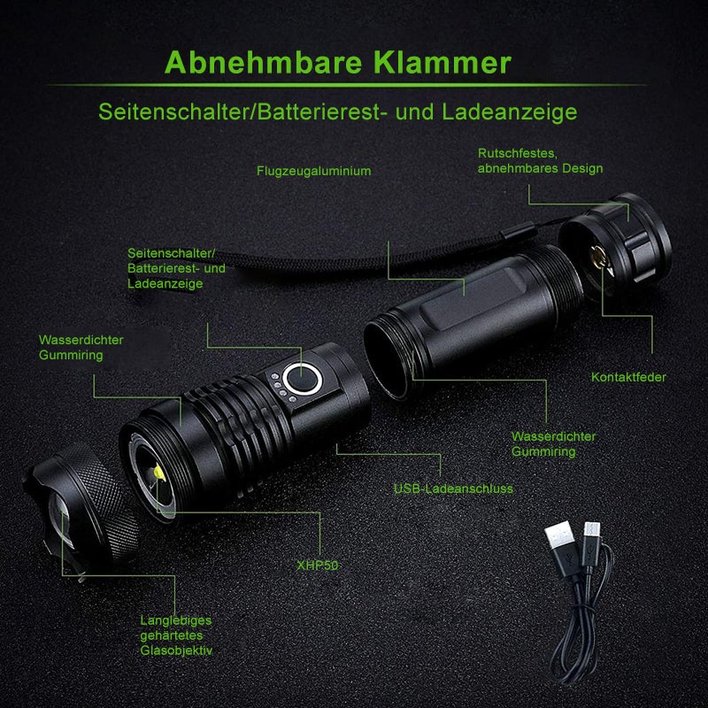 "Wasserdichte Taschenlampe mit Lasertechnik, militärqualität, aus robustem Aluminium, IPX8, für extreme Dunkelheit."