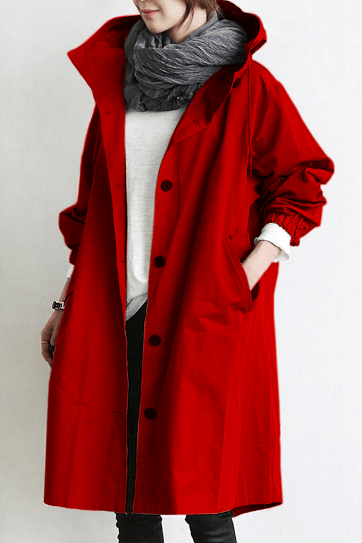 "Wasserdichter Damen-Trenchcoat mit Kapuze, eleganter Schnitt, ideal für Regenwetter, Vorderansicht, stilvoll und funktional.