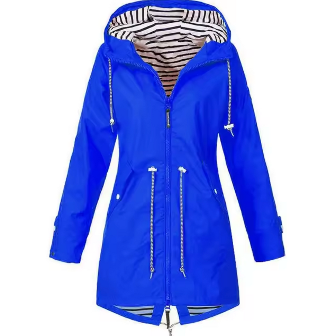 "Wasserdichter Damen-Windbreaker Mantel mit Kapuze in Blau, bietet Schutz und Bewegungsfreiheit bei jedem Wetter."