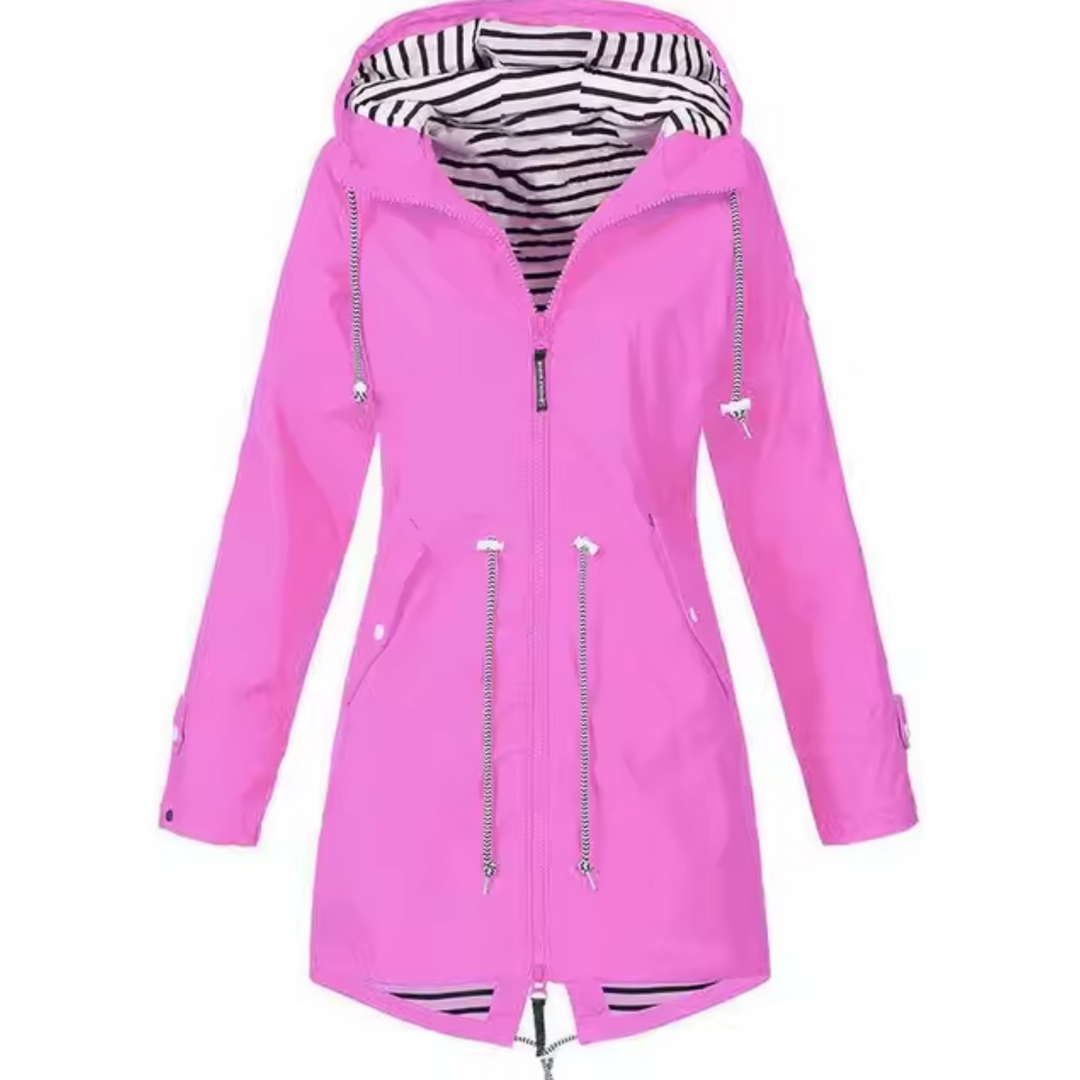 "Wasserdichter Damen-Windbreaker Mantel mit Kapuze in Blau, bietet Schutz und Bewegungsfreiheit bei jedem Wetter."
