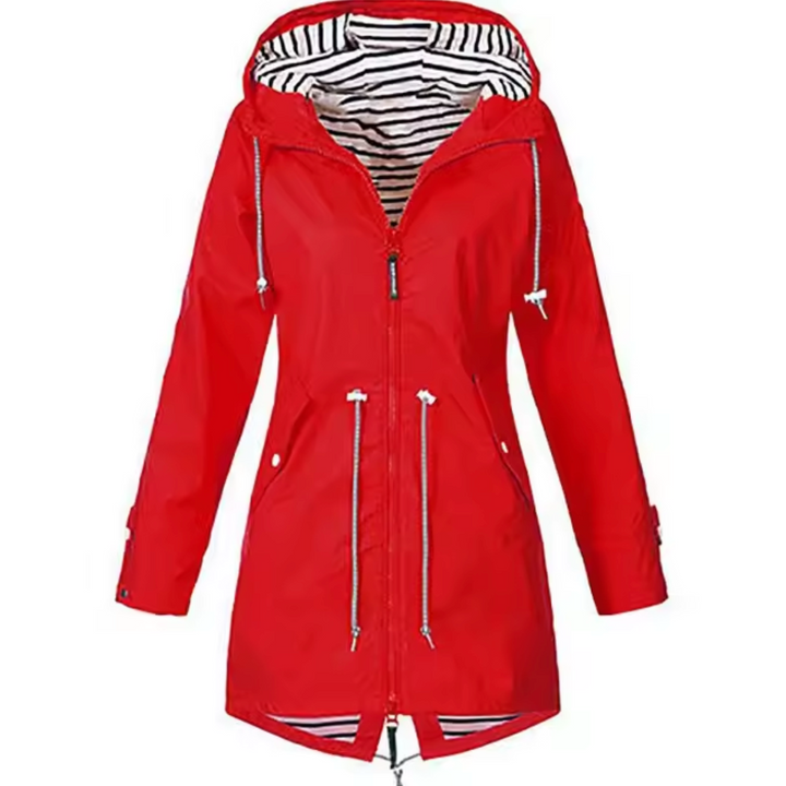 "Wasserdichter Damen-Windbreaker Mantel mit Kapuze in Blau, bietet Schutz und Bewegungsfreiheit bei jedem Wetter."