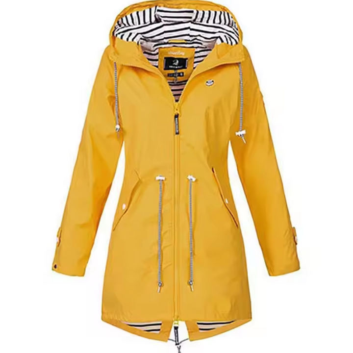 "Wasserdichter Damen-Windbreaker Mantel mit Kapuze in Blau, bietet Schutz und Bewegungsfreiheit bei jedem Wetter."