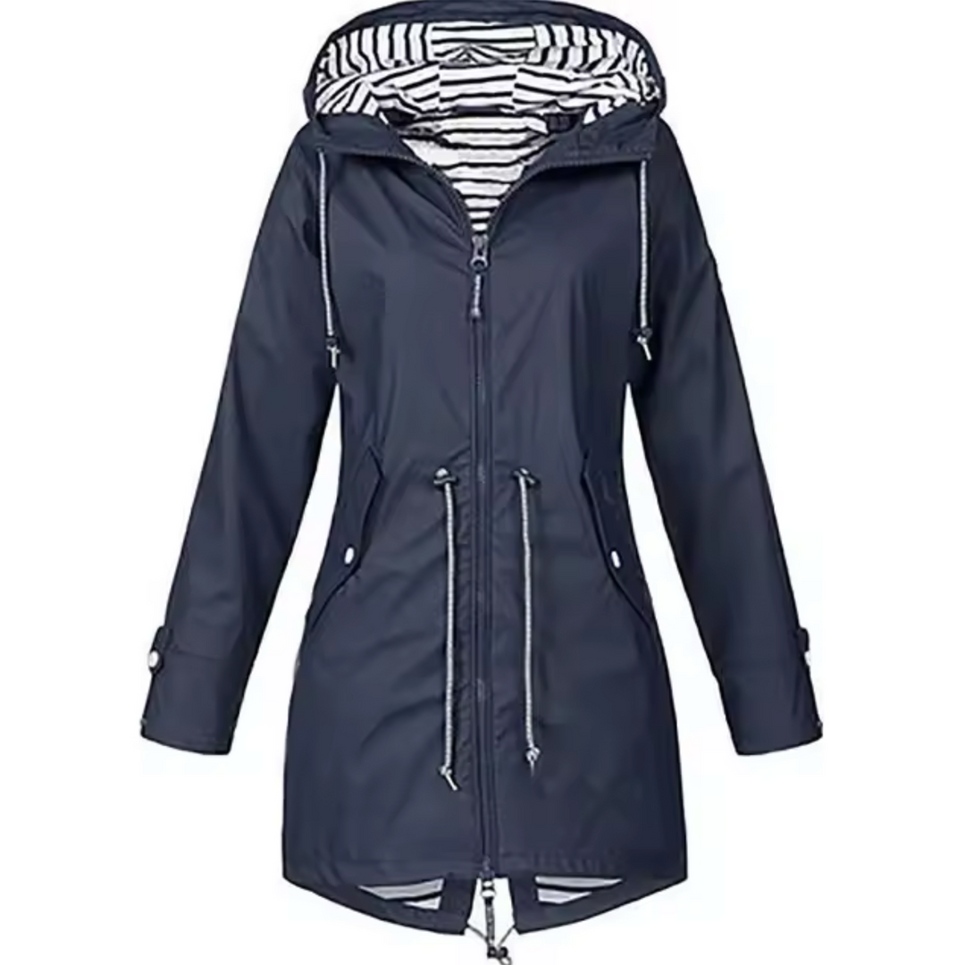"Wasserdichter Damen-Windbreaker Mantel mit Kapuze in Blau, bietet Schutz und Bewegungsfreiheit bei jedem Wetter."