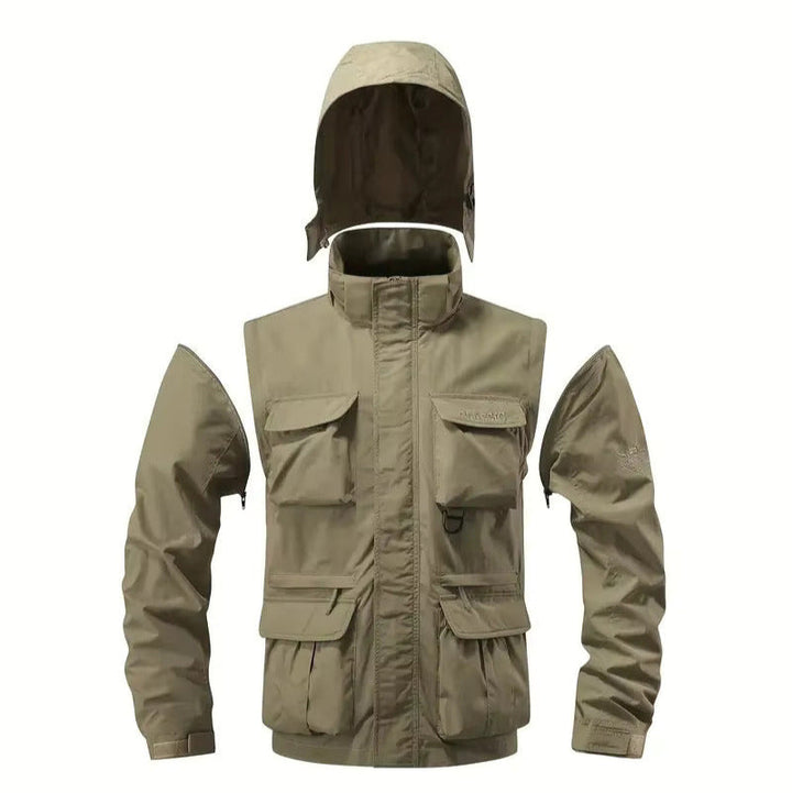 "Wasserdichter, langlebiger Herren Militär-Mantel, grau, mit Cargo-Taschen und verstärkten Nähten, perfekt für Regenwetter."