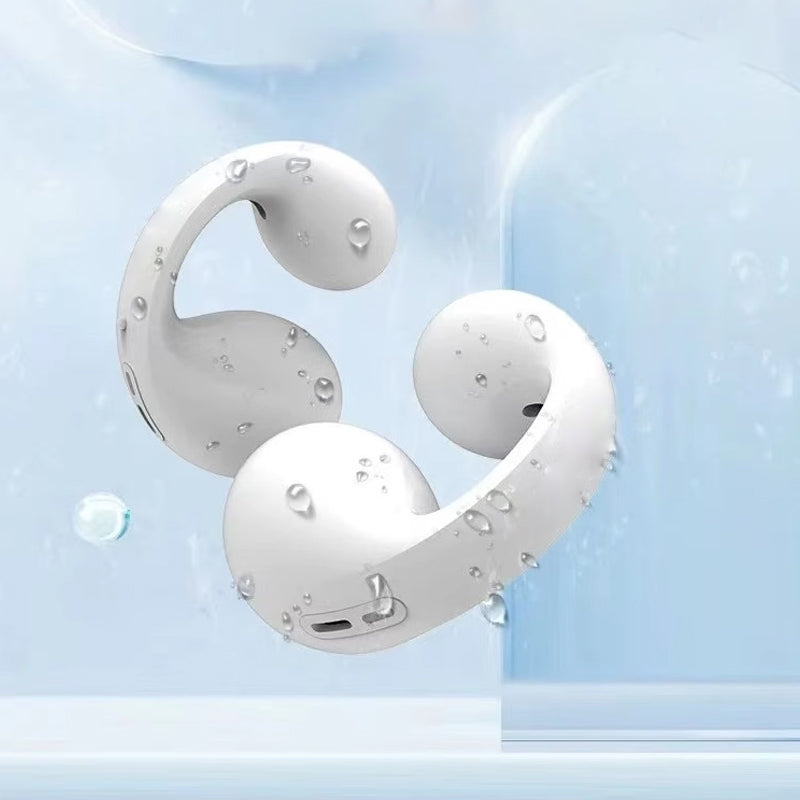 "Wasserdichtes, kabelloses Sport-Headset in Schwarz und Weiß, ergonomisches Design, Bluetooth-Verbindung, ideal für Sport."