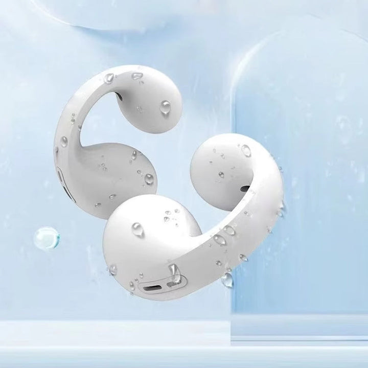"Wasserdichtes, kabelloses Sport-Headset in Schwarz und Weiß, ergonomisches Design, Bluetooth-Verbindung, ideal für Sport."