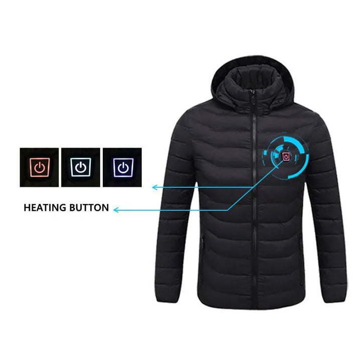"Wasserfeste, intelligente USB-Heizjacke für Männer, stilvoll und warm, mit vielseitigem Design und Mehrfach-Heizbereichen."