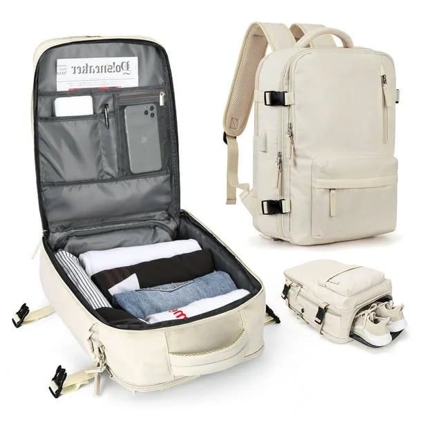 "Wasserfester Damen-Rucksack für Reisen und Wandern, geräumig, vielseitig, mit USB-Ladefunktion in Beige"