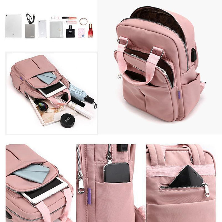 "Wasserfester Rucksack mit USB-Ladung, große Kapazität, schwarz, Vorderansicht; ideal für Reisen und Alltag."