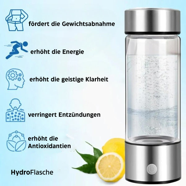 "Wasserstoff-Wasserflasche aus Glas und Edelstahl, verbessert Hautpflege und Vitalität, fördert antioxidative Hydration."