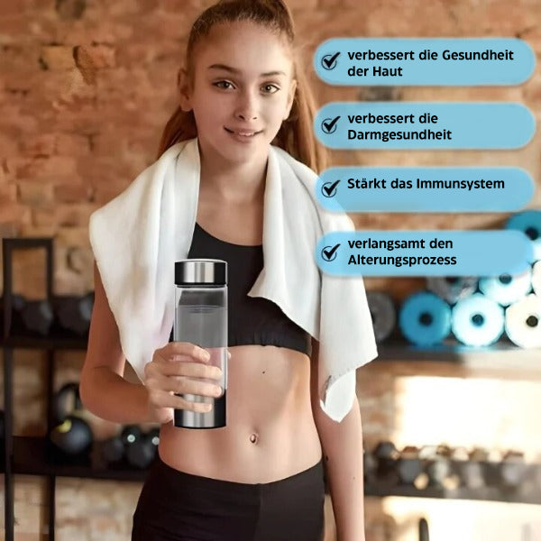 "Wasserstoff-Wasserflasche aus Glas und Edelstahl, verbessert Hautpflege und Vitalität, fördert antioxidative Hydration."