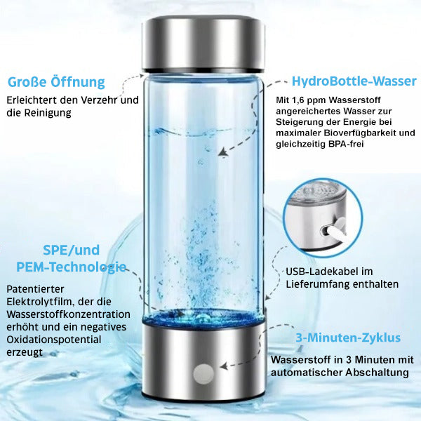 "Wasserstoff-Wasserflasche aus Glas und Edelstahl, verbessert Hautpflege und Vitalität, fördert antioxidative Hydration."