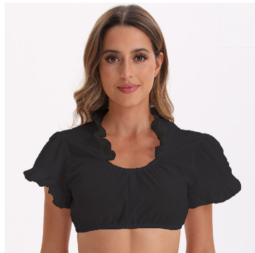 Weiße, elegante Dirndlbluse für Damen, ideal fürs Oktoberfest; traditionelles Design mit kurzen Ärmeln und schlichtem Schnitt