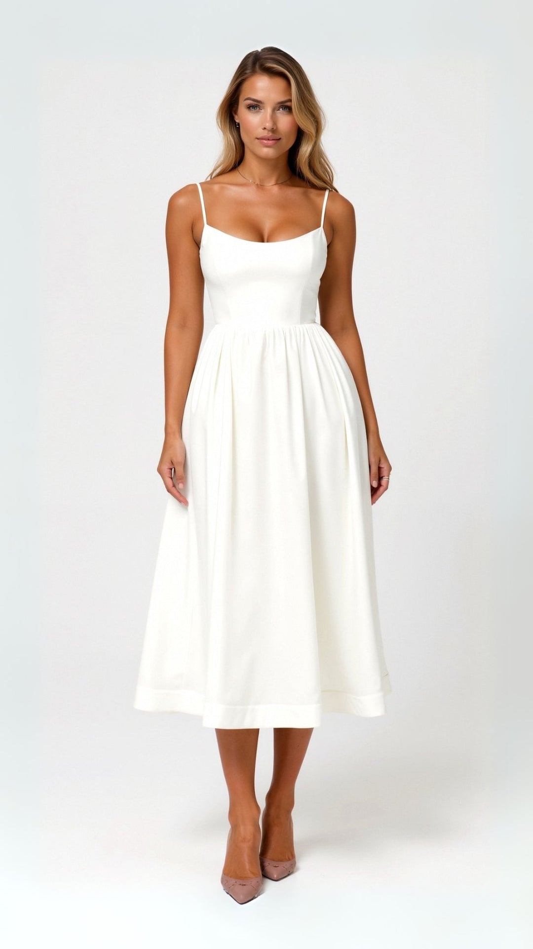 Weißes fließendes Midikleid für Damen, luftig leicht und elegant, ideal für vielseitige Anlässe und feminine Looks.