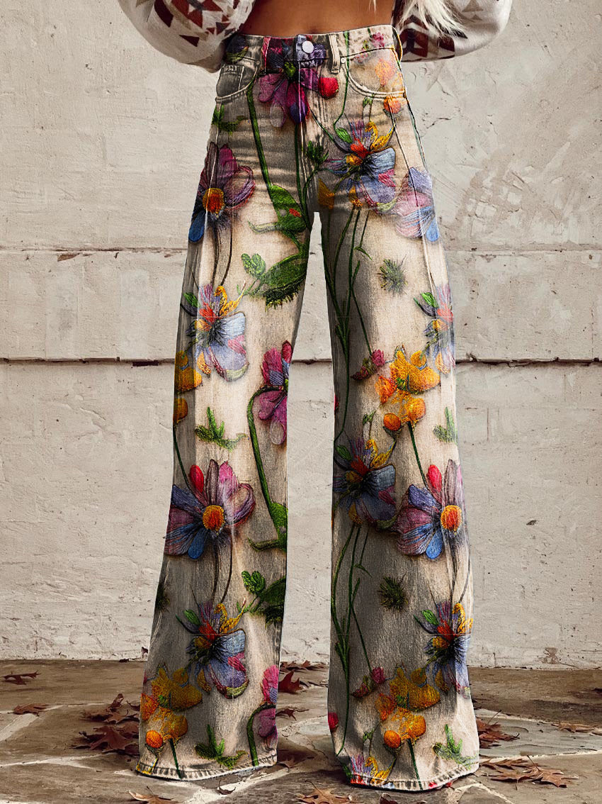 "Weite Blumenjeans mit hoher Taille; lebendiges Blumenmuster, entspannte Passform, ideal für Frühling und Freizeit."