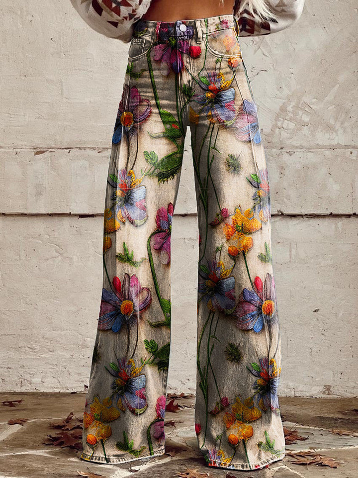 "Weite Blumenjeans mit hoher Taille; lebendiges Blumenmuster, entspannte Passform, ideal für Frühling und Freizeit."