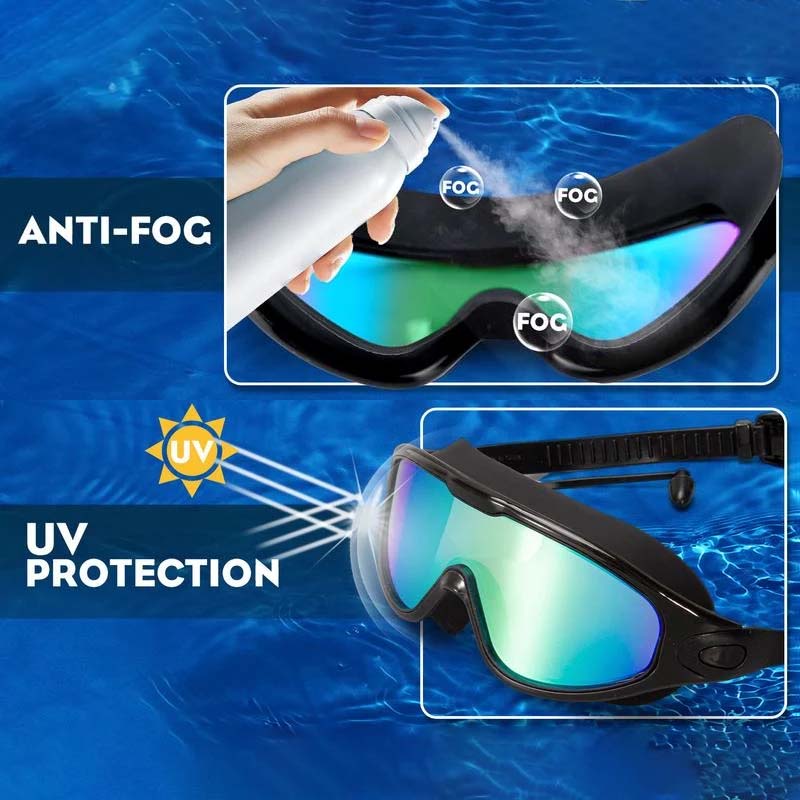 Weitwinkel-Schwimmbrille für Erwachsene, Antibeschlag, ergonomische Passform, stylisch mit großen, klaren Gläsern.